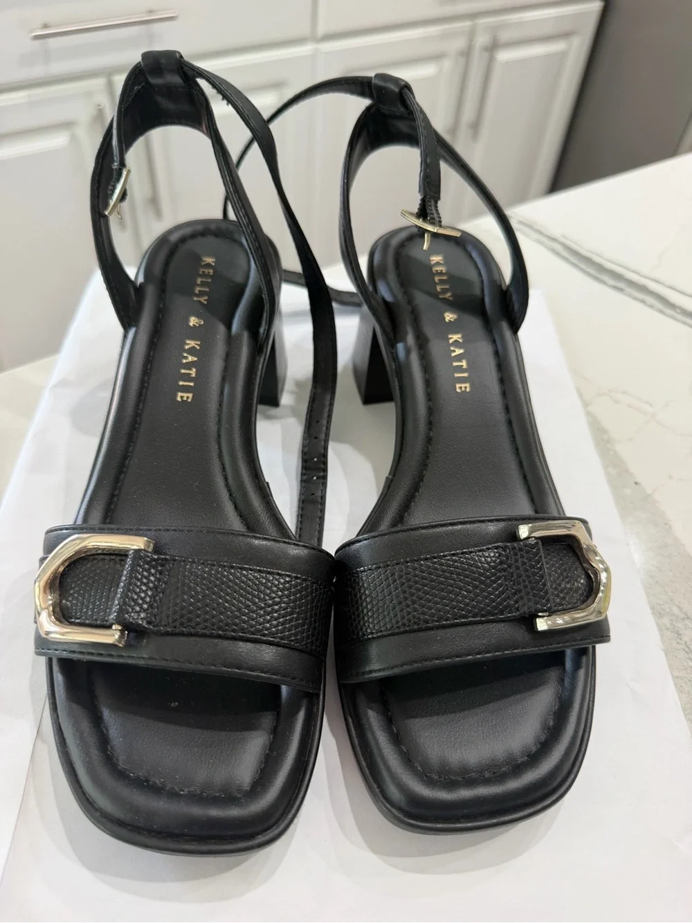 Kelly & Katie Black Buckle Block Heel Sandals